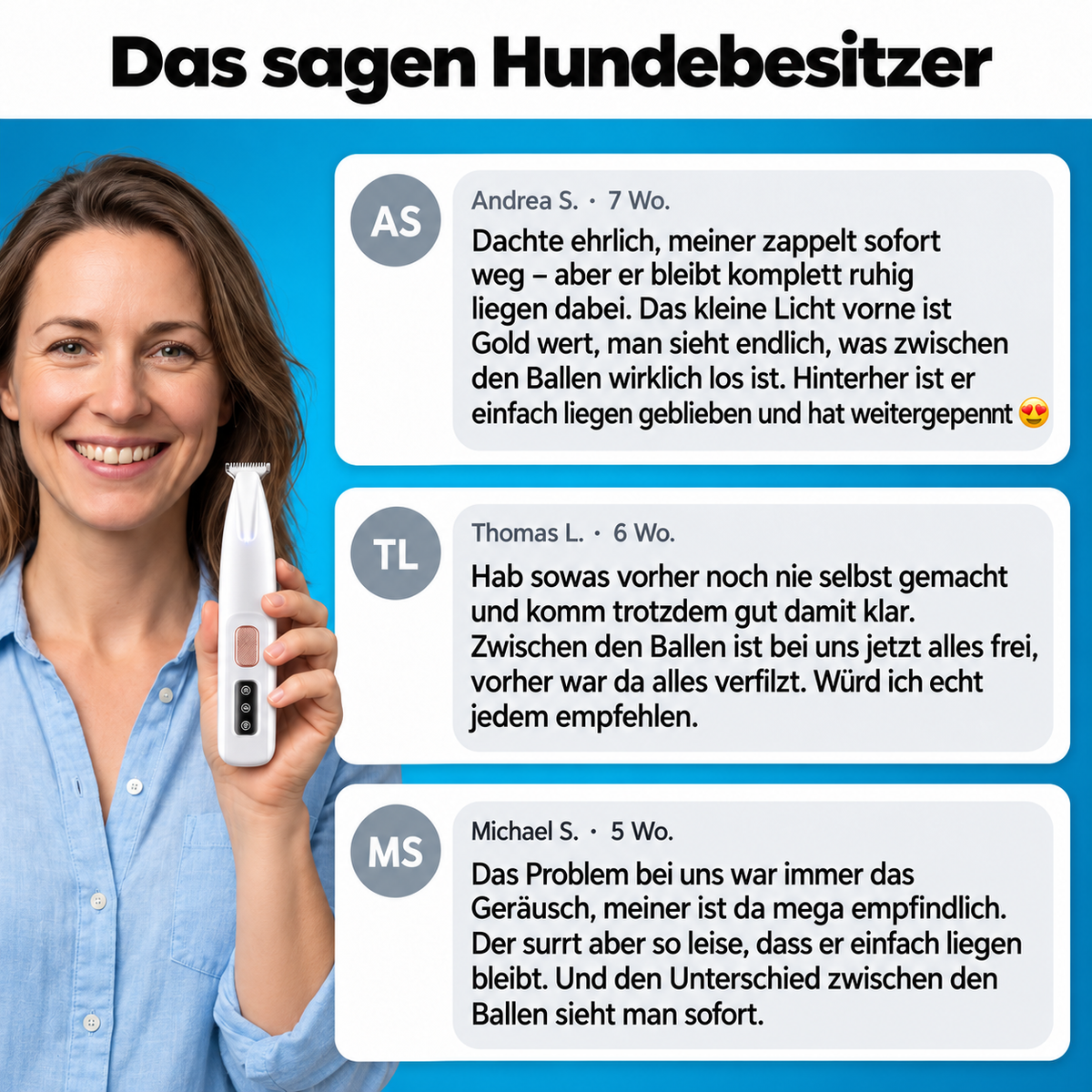 Fellyra Referenzfrau mit PfotenHeld und drei Kundenrückmeldungen