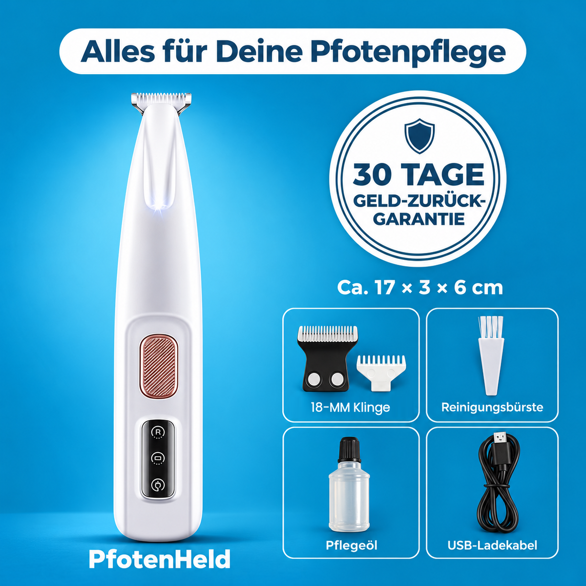 PfotenHeld Lieferumfang, 18-MM Klinge, Maße und 30 Tage Geld-zurück-Garantie